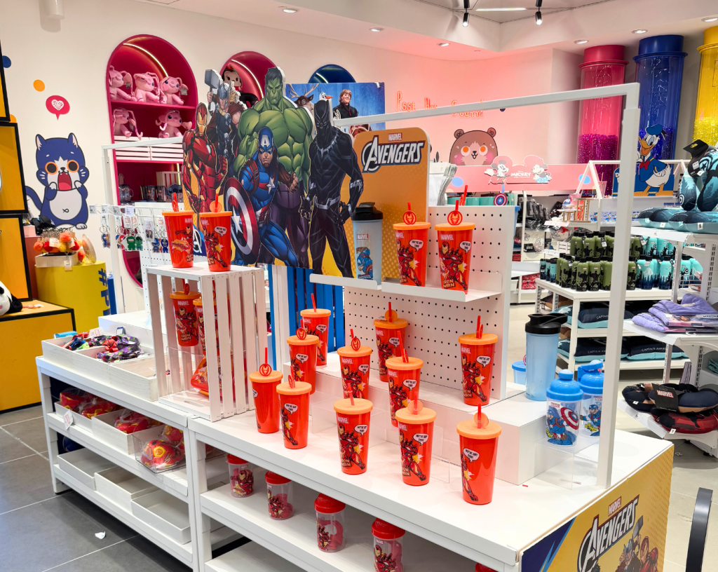 Marvel-themed section displayed on gondola shelves